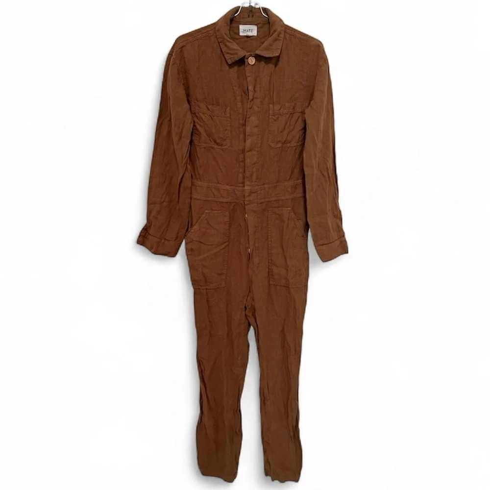 MATE the Label Long Sleeve Linen Jumpsuit Boilersuit Light Brown Sz XS Relaxed - Picture 2 of 16